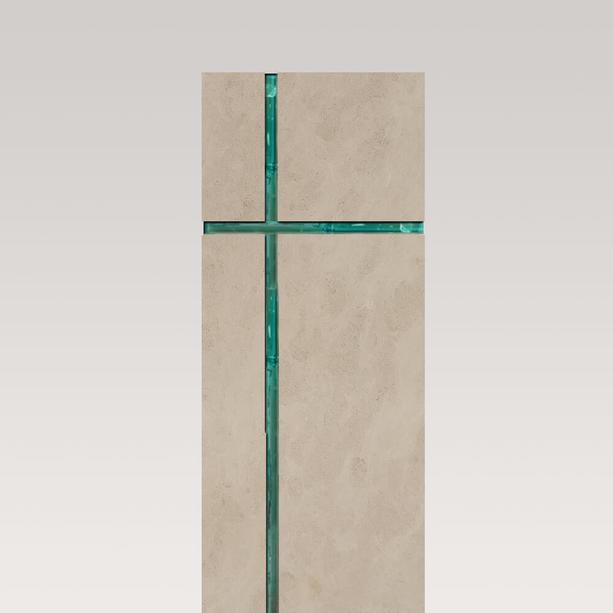 Modernes Urnengrabmal mit Glas - religis/christliche Symbolik in Kalkstein - Amadei Crucis