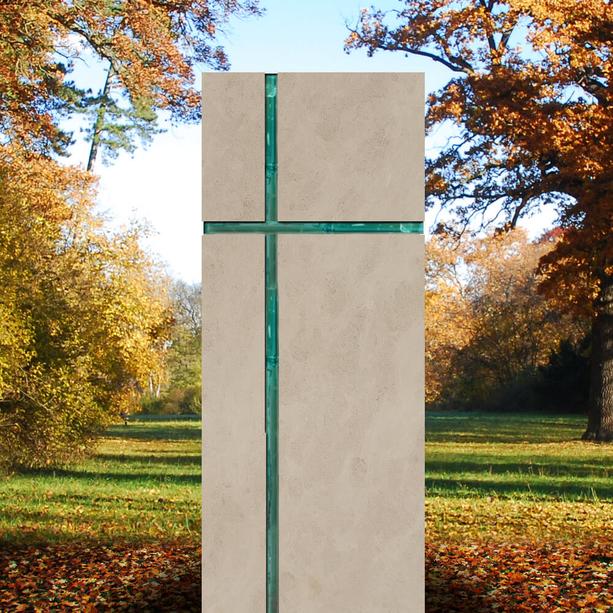 Modernes Doppelgrabmal mit Glas - religis/christliche Symbolik in Kalkstein - Amadei Crucis
