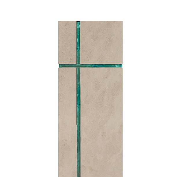 Modernes Doppelgrabmal mit Glas - religis/christliche Symbolik in Kalkstein - Amadei Crucis