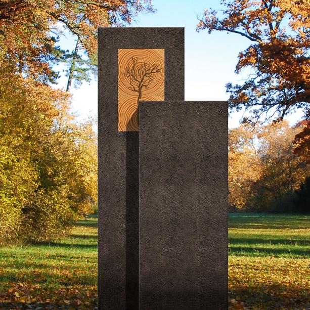 Moderner Urnengrabstein - Granit - zweiteilig mit Holz & Lebensbaum - Amancio Lignum