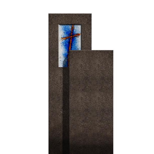 Zweigeteilter Granit Urnen Grabstein mit Glas Symbol Kreuz - Amancio Crucis