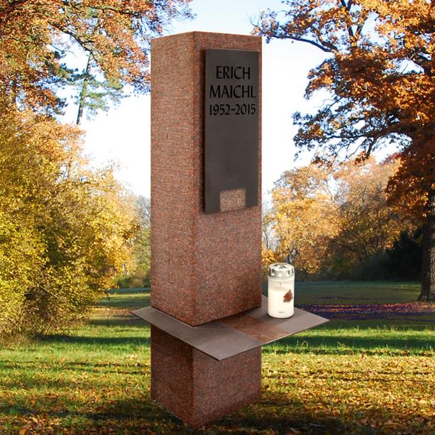 Urnengrabstein Stele in rotem Granit Ruby Red mit Bronze-Tafel - Sensum