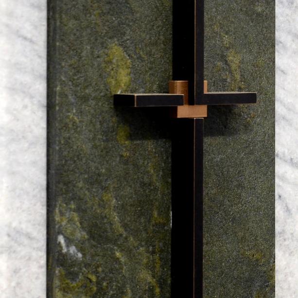 Zweiteilige Grabstein Stele mit grnem Granit & weiem Marmor & Bronze Grablicht / Urnengrab - Cupito
