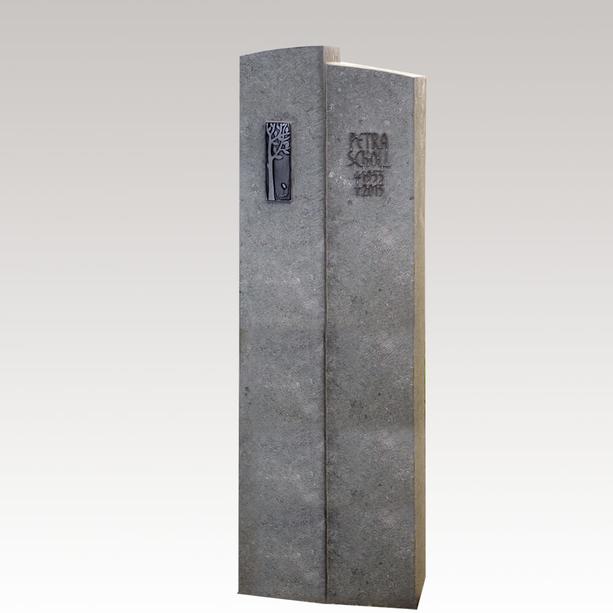 Schlanker Granit Grabstein / grau fr ein Doppelgrab mit Lebensbaum Ornament in Bronze - Anzio