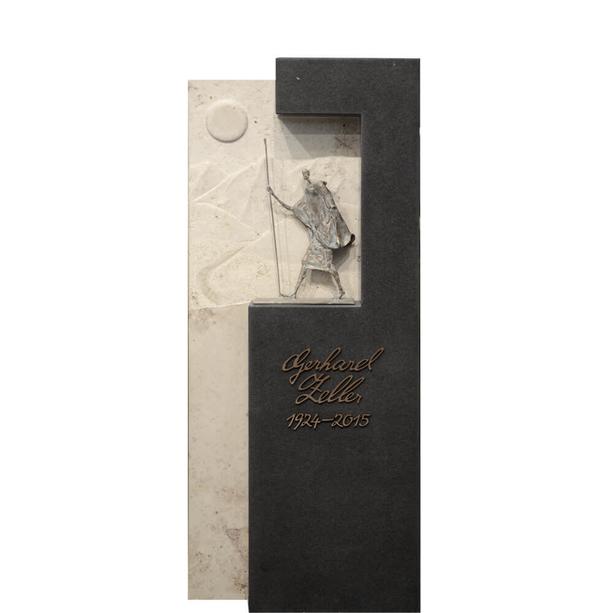 Zweiteiliger Grabstein fr ein Einzelgrab hell-dunkel mit Berg Relief & Bronze Skulptur  - Jakobus Pilgrim